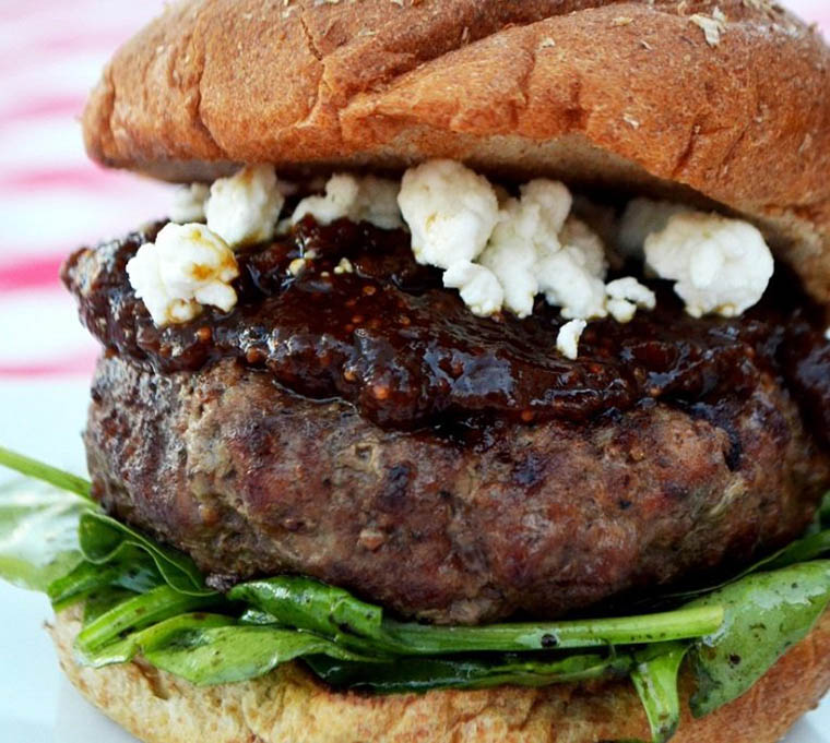 Goat Cheese Stuffed Aussie Grassfed Burgers with Fig Jam and Fresh Spinach