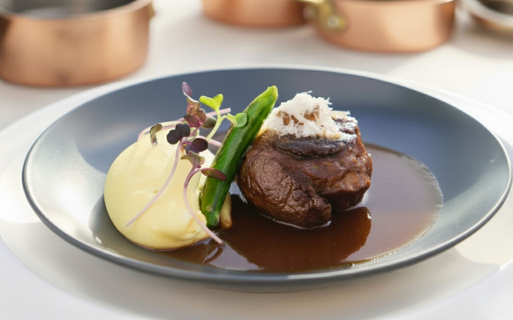 ขาแกะตุ๋นในซอสไวน์แดงมัสตาร์ด