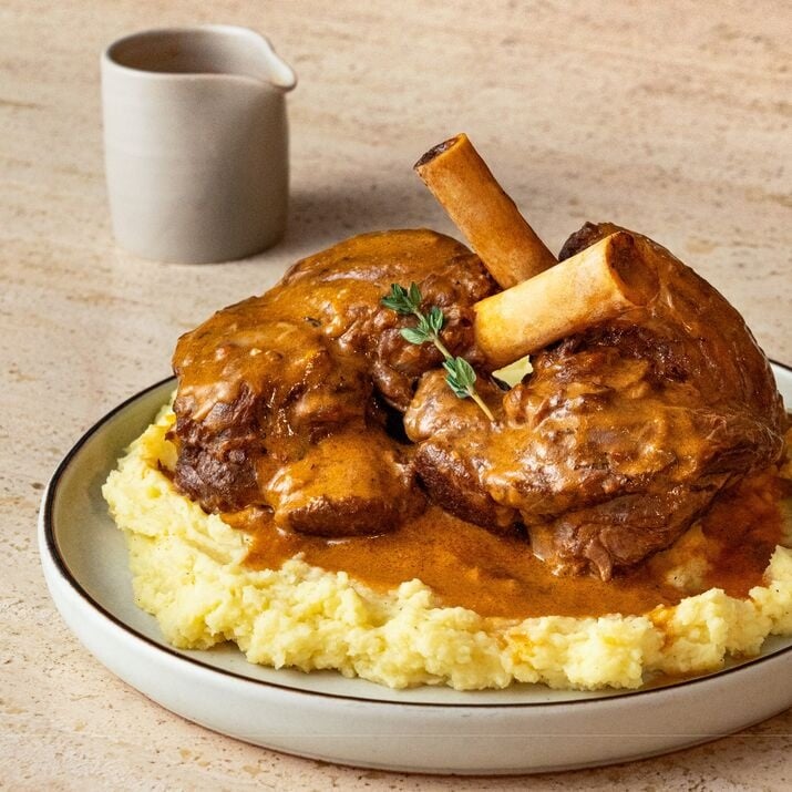 Braised Aussie Lamb Shank in Red Wine Mustard Sauce, Served with Potato Galette