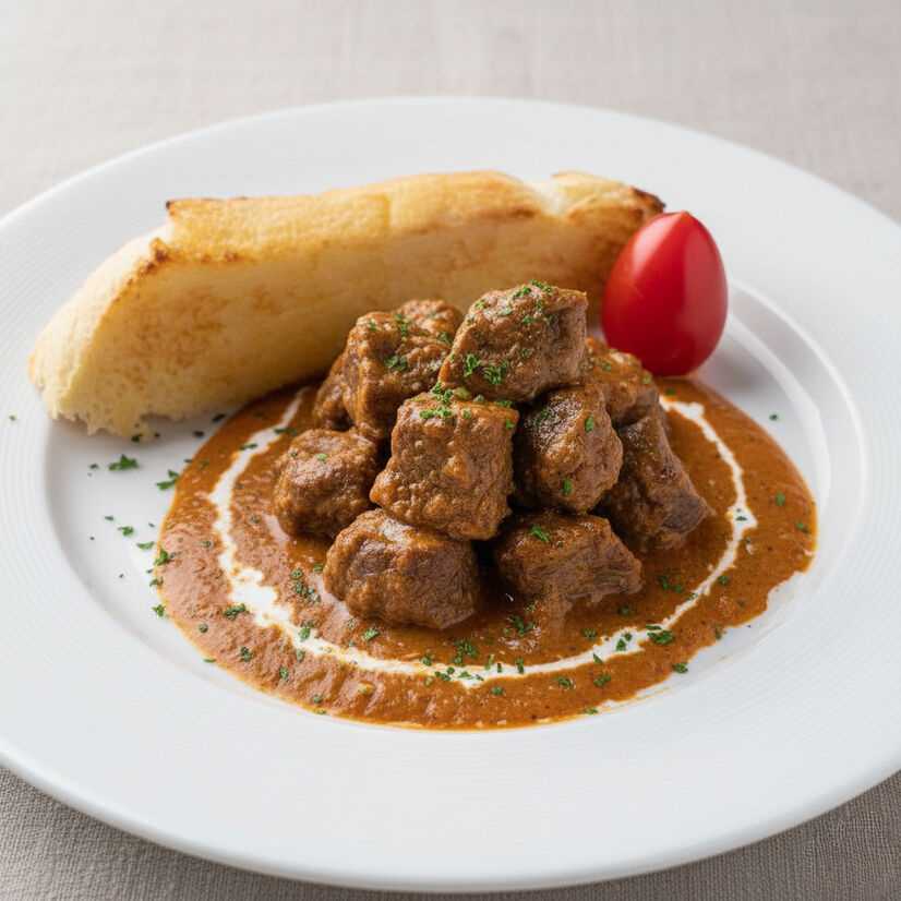 แกงมัสมั่นเนื้อแกะออสซี่เสิร์ฟพร้อมขนมปังกระเทียม