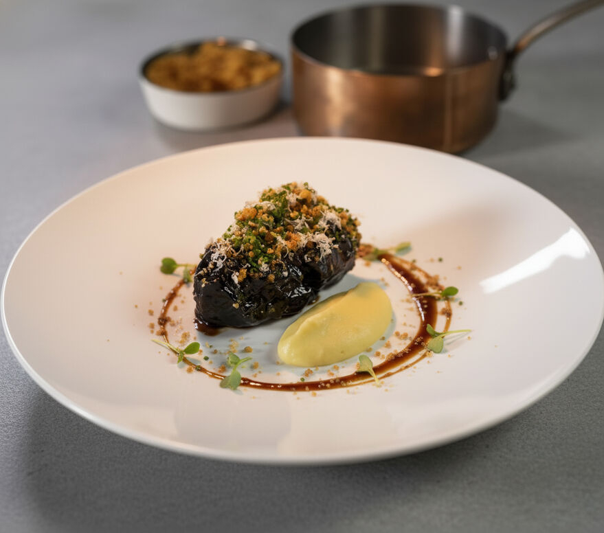 แก้มวัวรมควันสไตล์ออสซี่ เสิร์ฟพร้อมซอสพาร์สนิปและซอสบาร์บีคิวสีขาว