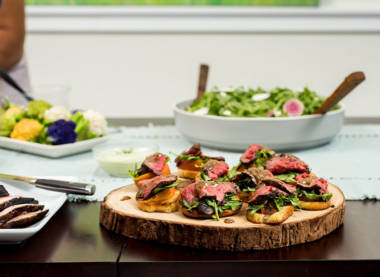 Mustard Glazed Beef Tenderloin with Peach and Arugula Bruschetta